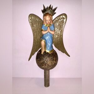 RARE Vintage Paper Mache Christmas Tree Topper Angel 9” Mid Century Blue Dress